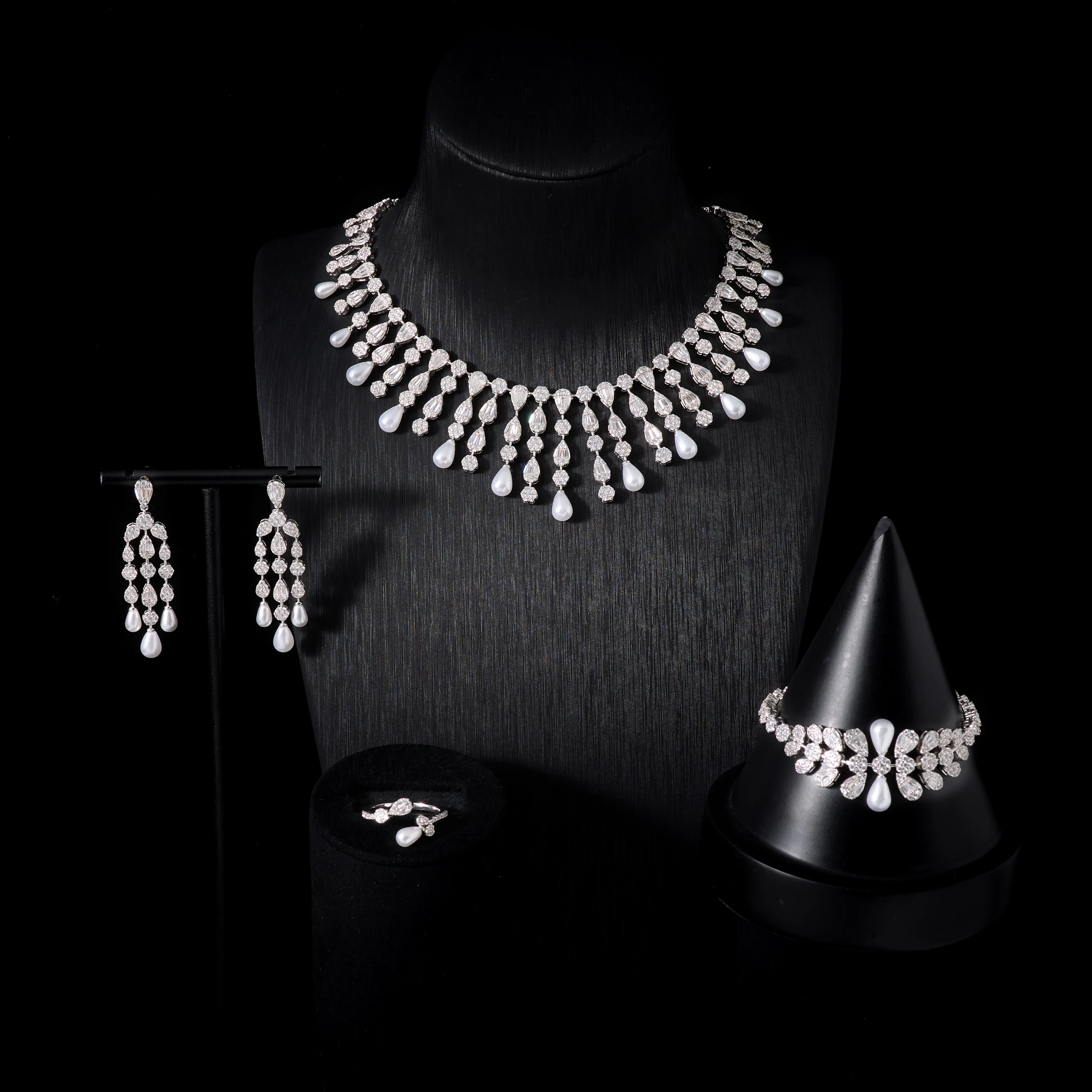 IN JEWELIFE 250402 Necklace Sets for Women Cubic Zirconia Bridal Pearl Jewellery Set Dubai Saudi Party Engagement Accessory