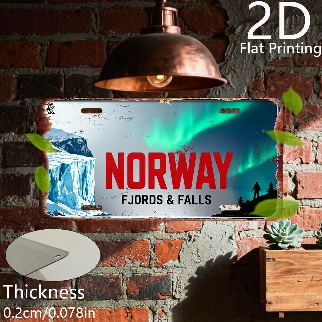 2D retro aluminum license plate for Norwegian fjord waterfall with aurora and glacier design, frameless metal sign