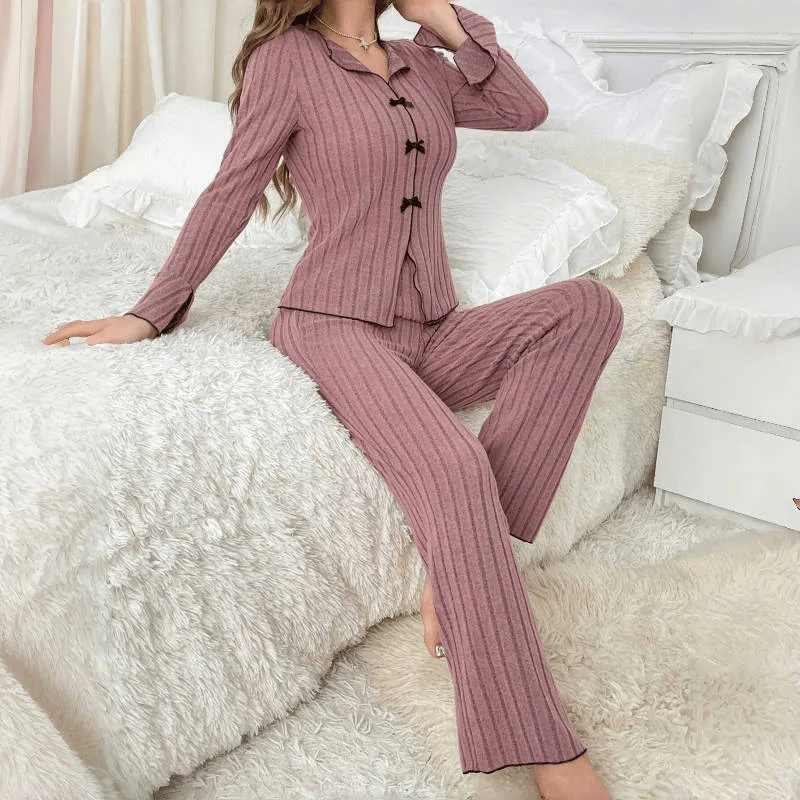 Autumn and winter sleepwear woman lapel bow fashion sexy long sleeve trousers home suit woman