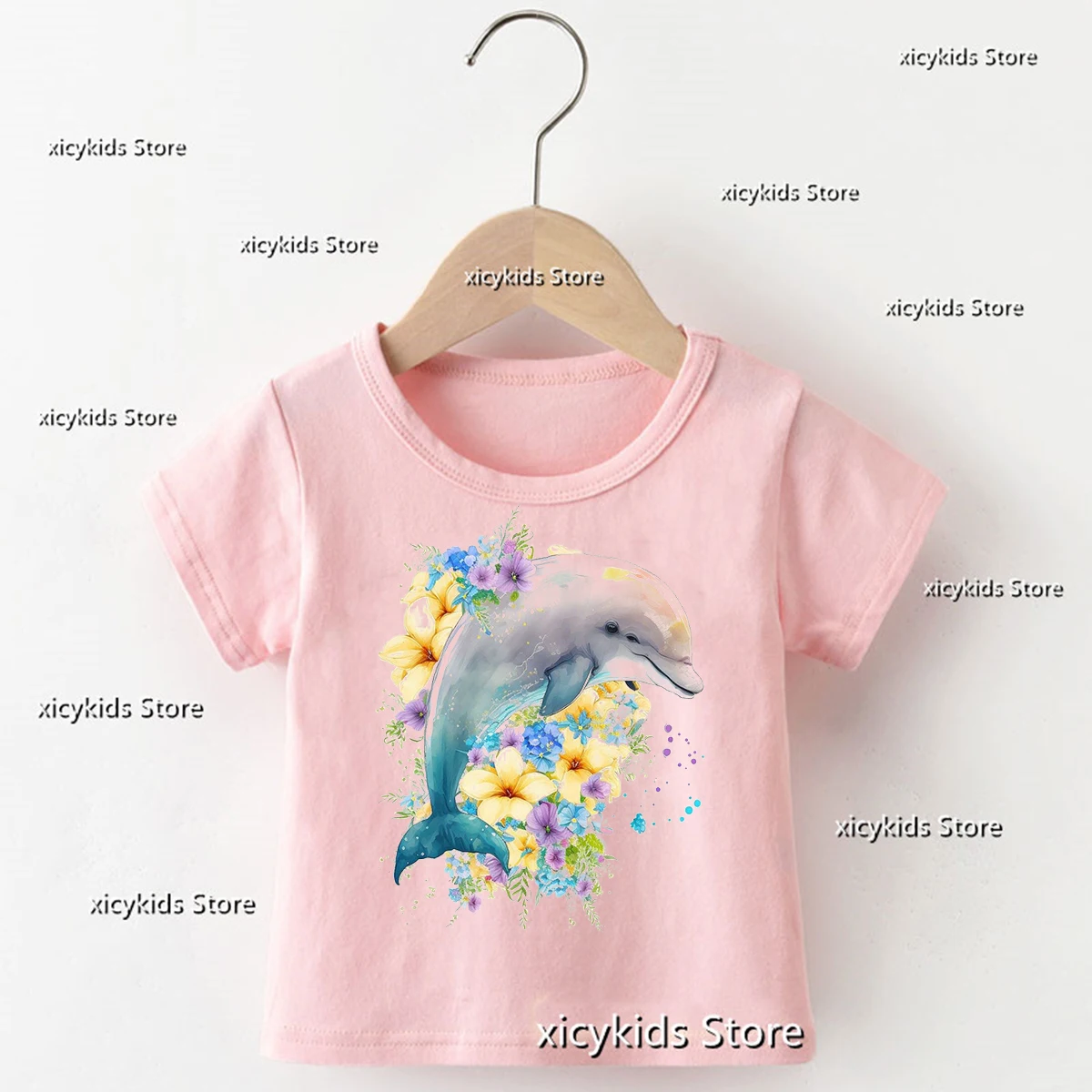 2024 New Arrival Kids Tshirt Fun Dolphin Animal Cartoon Print Girls T-Shirts Fashion Baby T Shirt Kawaii Girls Pink Clothes