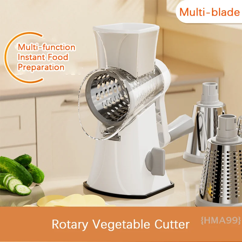 

Multi-Function Rotary Cutter, Veggie Slicer, Cheese Shredder, 3-in-1 Interchangeable Blades Rotary Grinder With Hand Crank