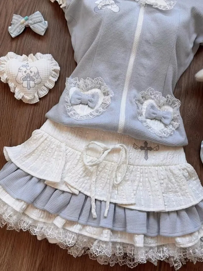 Летняя кавайная куртка-кардиган с цветными блоками, сладкая и пряная милая куртка с капюшоном для девочек, топ + многослойная юбка-тортик с высокой талией, комплект из 2 предметов Y2k