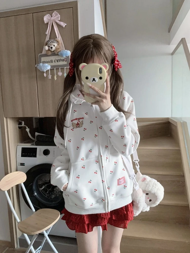 

Японская мода Kawaii шикарные толстовки с длинным рукавом зимние женские милые толстовки с принтом женские лоскутные однотонные повседневные свободные пальто