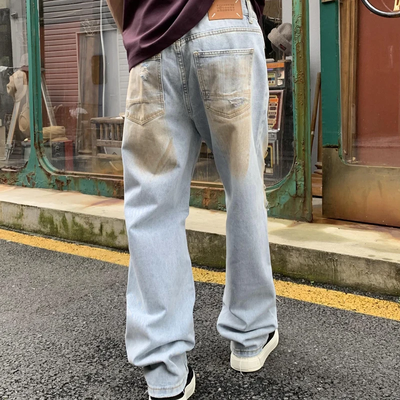 Street Personalised Trendy Printed Men's Jeans Washed Vintage Dirty Loose Straight Casual Pants Stylish Wide Leg Men's Jeans