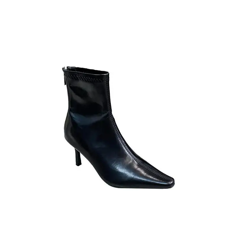 Zapatos botas de moda para mujer botas con cremallera-calzado de invierno para mujer Punk otoño puntiagudo de goma tacón alto 2024 tobillo PU puntiagudo sólido