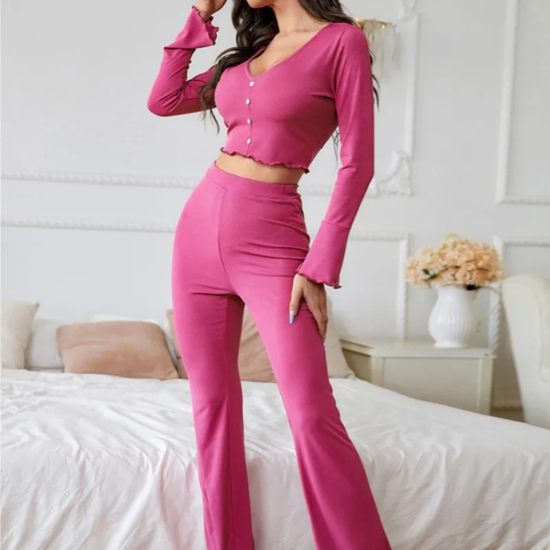 Ladies Spring And Autumn New Pajama Set Stretch Trousers Women's Home Clothes Long Sleeve V-Neck Sports Suit