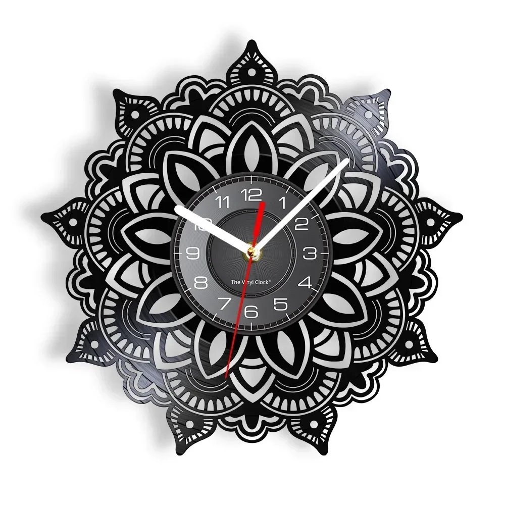 Reloj de pared de disco de vinilo de Mandala de flor de loto para sala de estar, estudio de Yoga, reloj de arte bohemio de Namaste, reloj de pared bohemio para decoración del hogar