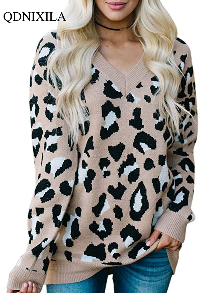 2022 autunno inverno nuovo Pullover con scollo a v manica lunga Top lavorato a maglia all\'uncinetto stile coreano leopardo Jacquard camicette da