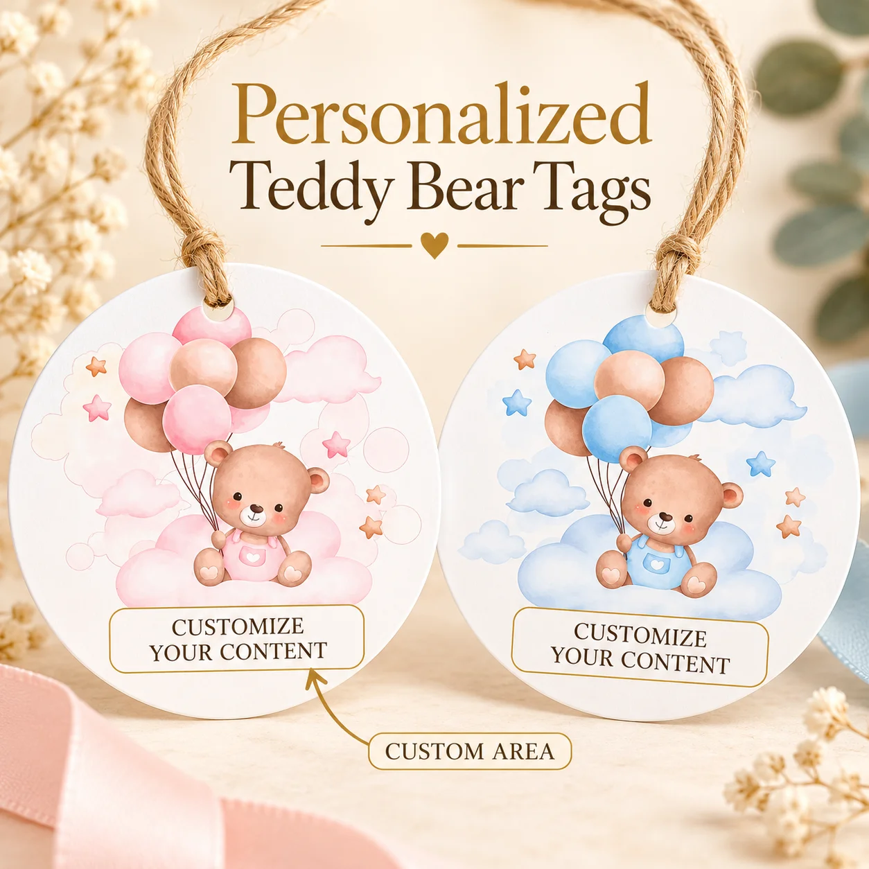 Customized Bear-Shaped Balloon Tags｜Pink and Blue Versions Available, Customizable with Names and Messages, Suitable for Birthday Parties, Baptism Celebrations, Candy Bags, and Gift Packaging, Creating a Unique Keepsake for Every Gesture of Kindness