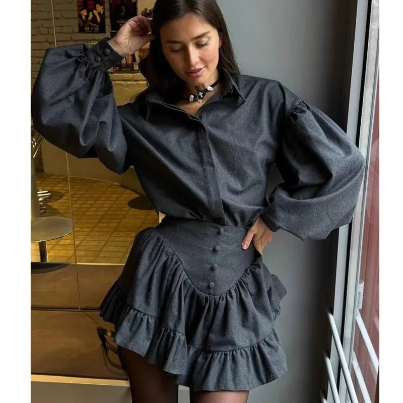 2025 Spring New Lapel Long Sleeve Button Shirts High Waist Lotus Leaf Edge Mini Skirt Women Two Pieces Set Elegant Lady Outfits