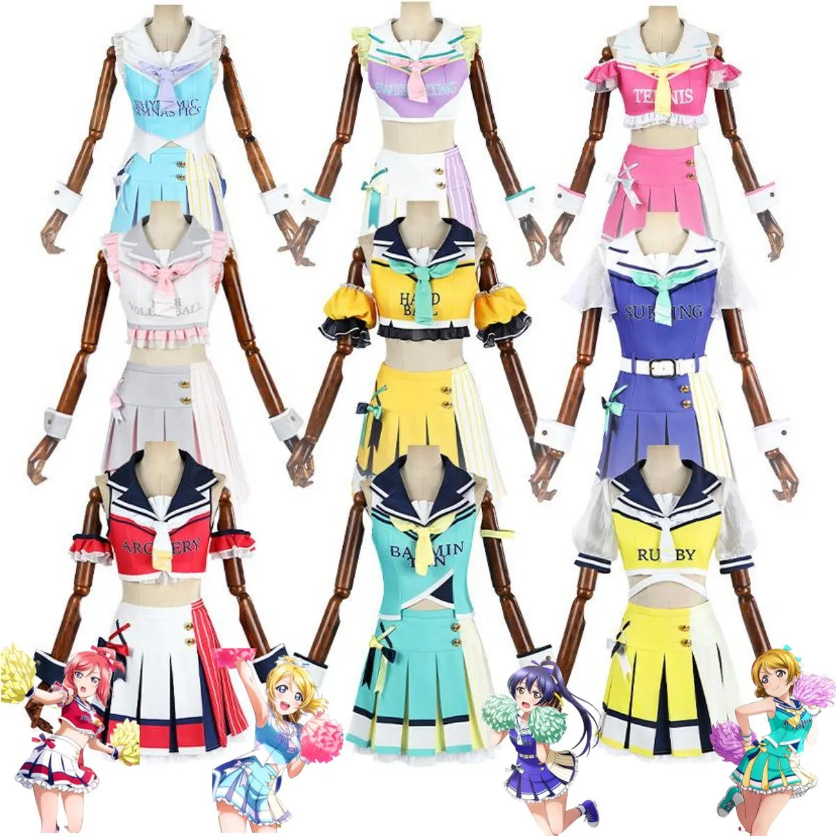

Lovelive Kotori Minami Nozomi Tojo Nico Yazawa Sonoda Umi Maki Nishikino Cosplay Costume October Sports 9 Style Cheerleaders Set