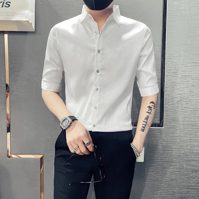 

Summer Half Sleeved Korean Shirts for Men New Fashion Slim Fit Elegant Business Men's Tuxedo Shirt Social Formal Blouses Men