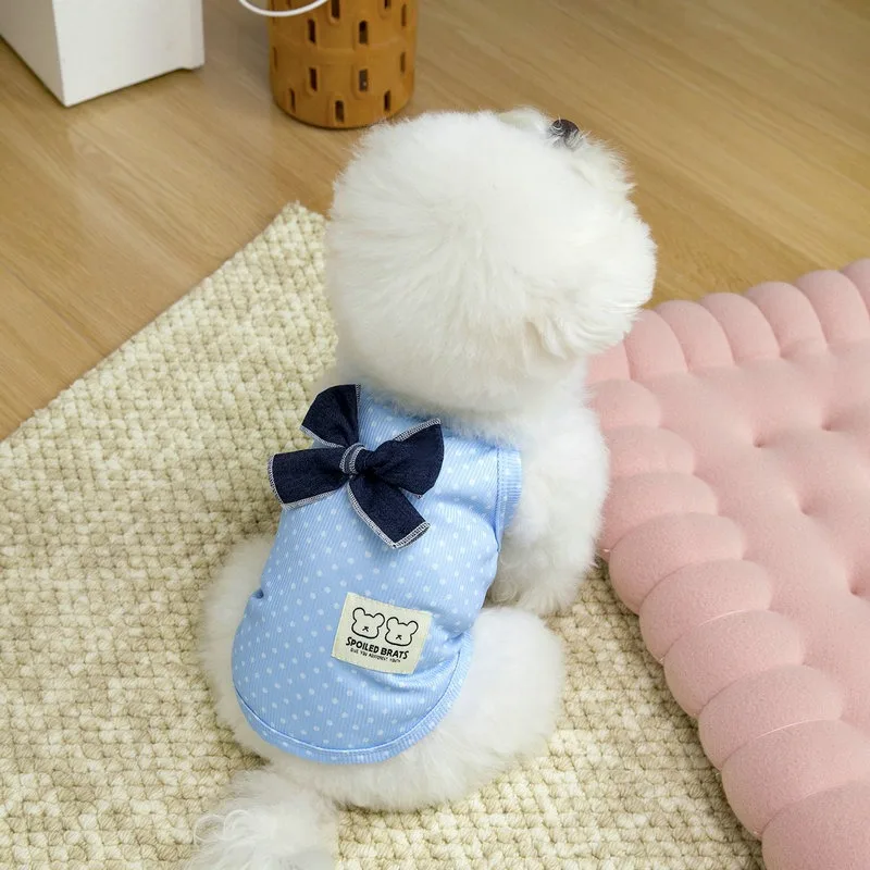 Teddy Japanese-Style Pet Halter Top with Large Bow Spring/Summer Bichon Frise Breathable Vest Polka Dot Print Puppy Pullover