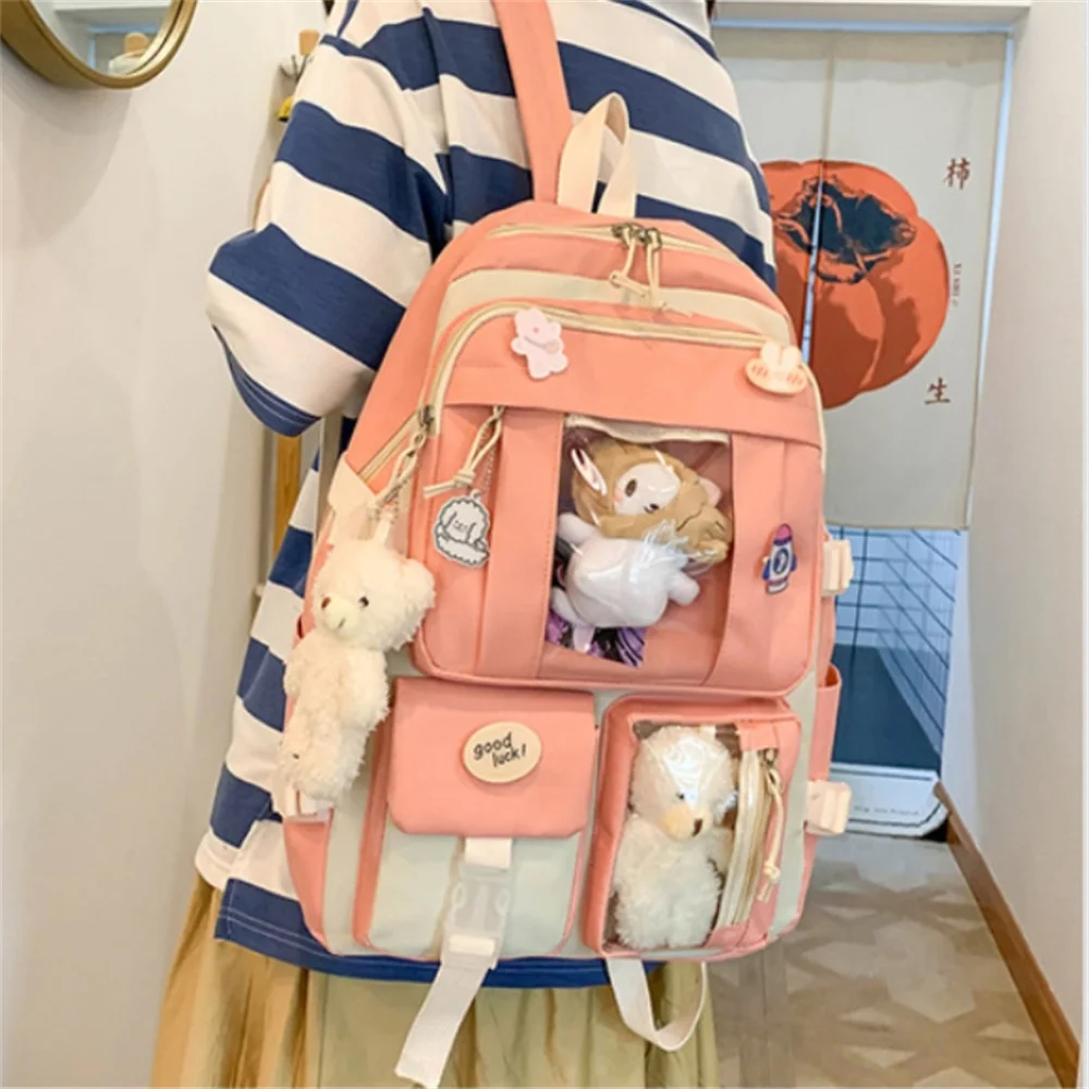 5pcs/Set Kawaii Girls Backpack For Student School Bag Teenager Girls Schoolbag Book Bags Pencil Case Women Travel Computer Tote