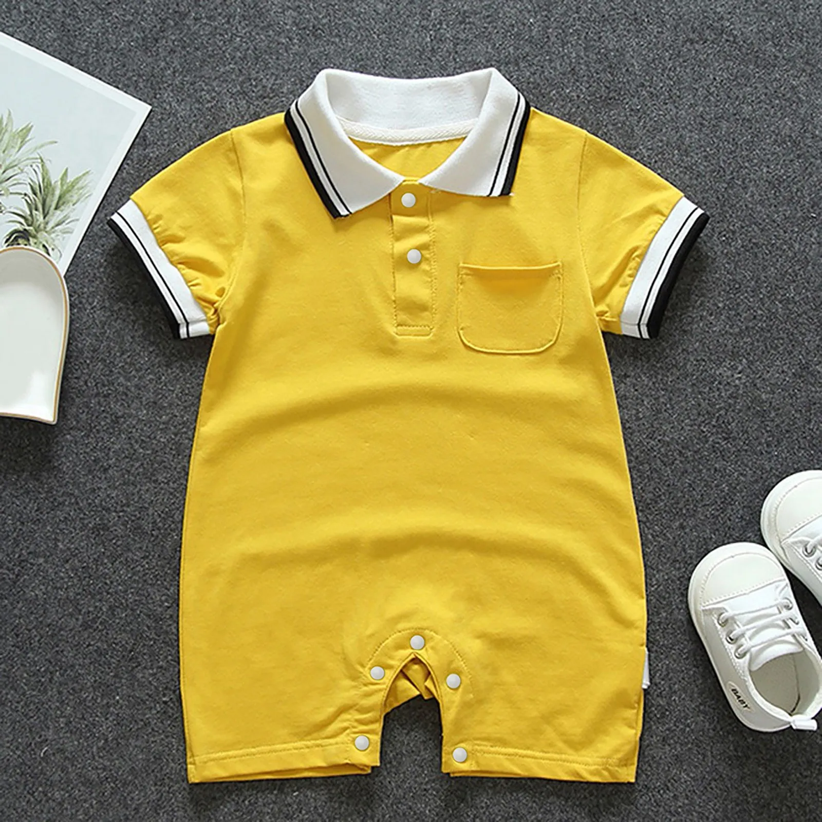 Toddler Baby Boys Girls Short Sleeve Turn-Down Collar Pocket Romper Jumpsuits