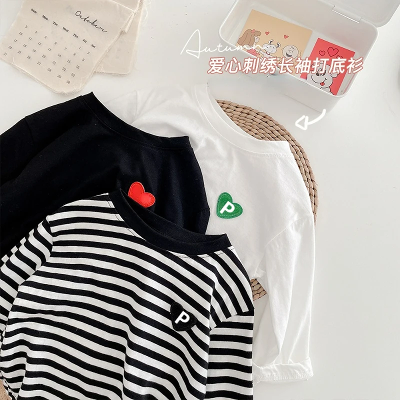 Fashion Kids Clothes Boys Girls T-shirt Cute Cartoon Love Eyes Cotton Long Sleeve T-shirts Black and White Stripes Tee Tops 0-7y