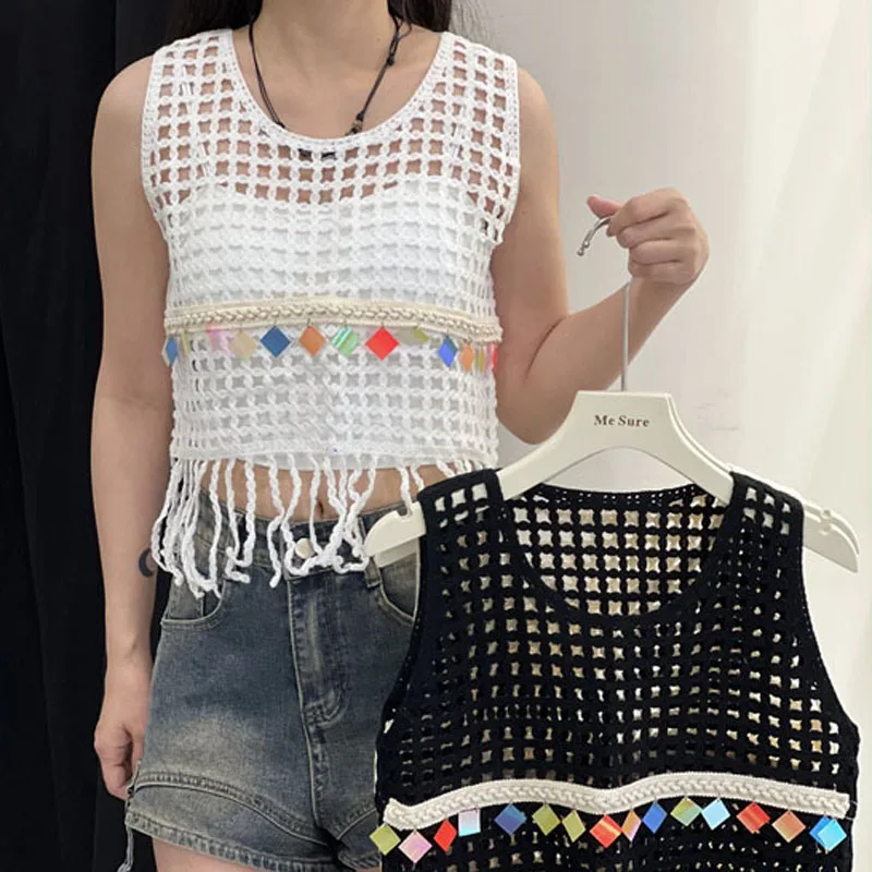 

Boring Honey Summer Hollow Out Sexy Crop Top Fashion Paillette Tassel Tops Women O-Neck Vintage All-Match Sleeveless Tank Tops