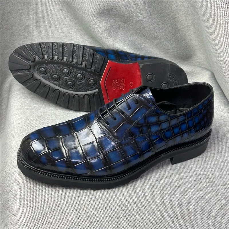 Authentic Real Crocodile Belly Skin Round Toe Men Blue Oxfords Derby Shoes Genuine Leather Hand Painted Male Lace-up Dress Shoes