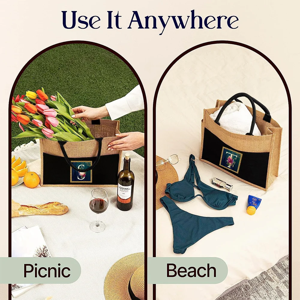 Fashion Linen Flower Letter Series Printing Pattern Shoulder Bag Jute Imitation Linen Bags Environmentally Friendly Shopping Bag