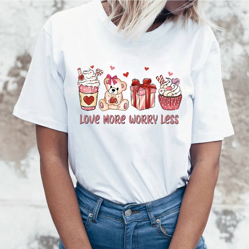 (High quality T-shirts)Cute Valentine'S Day Love More Worry Less Print T-Shirts For Women Summer Lovely Short Sleeve Casual T