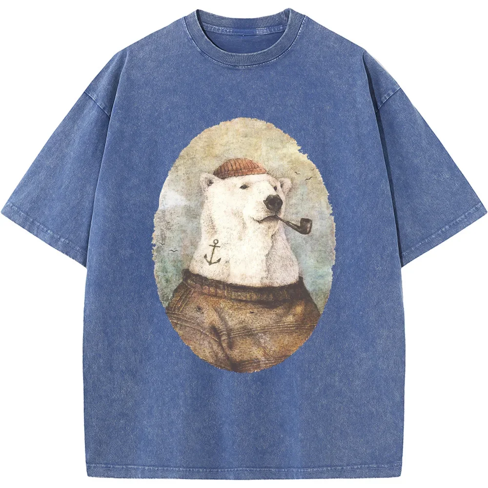 

Футболка с рисунком арктического медведя, высококачественная винтажная футболка для стирки в воде, мужская и женская повседневная модная футболка с коротким рукавом