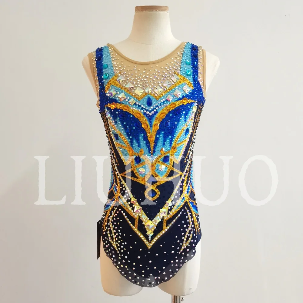 

Синий гимнастический купальник LIUHUO с блестящими стразами, высококачественный, для соревнований и выступлений, для детей, JC359