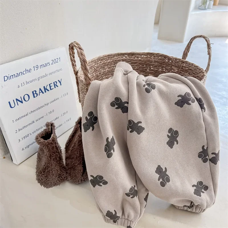 Winter Jongens en meisjes cartoon beren fleece joggingbroek aan de binnenkant Kinderen dikker warme losse broek