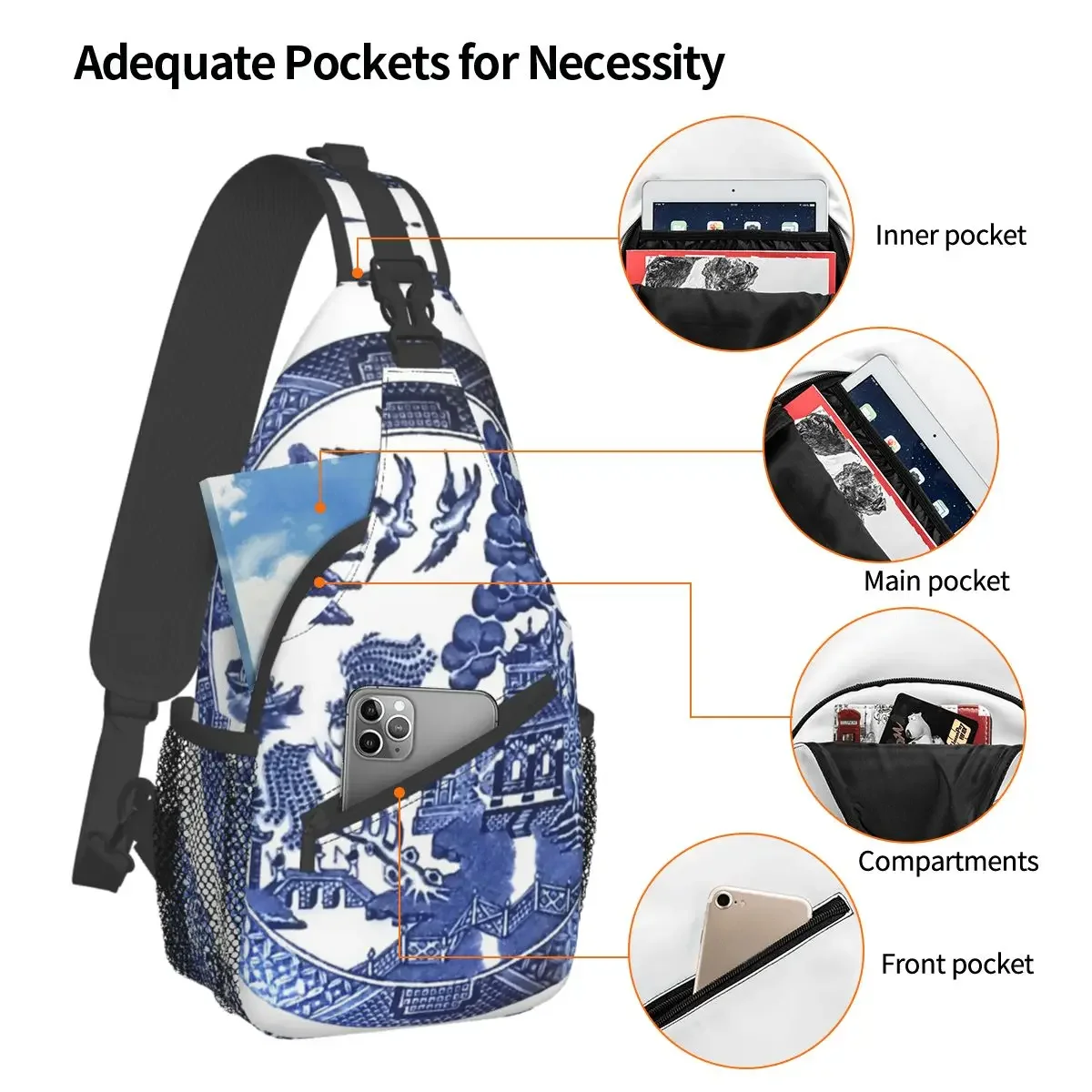 Blue Willow Crossbody Sling Bags Printed Chest Bag Blue Delft Pattern Shoulder Backpack Daypack Hiking Outdoor Travel Pack