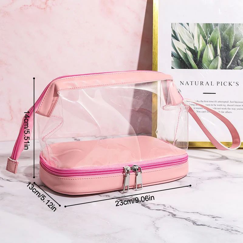 Double Layer Transparent Waterproof Makeup Bags With Handy Handle Toiletry Bag PVC Travel Cosmetics Bags Organizer Zipper Pouch