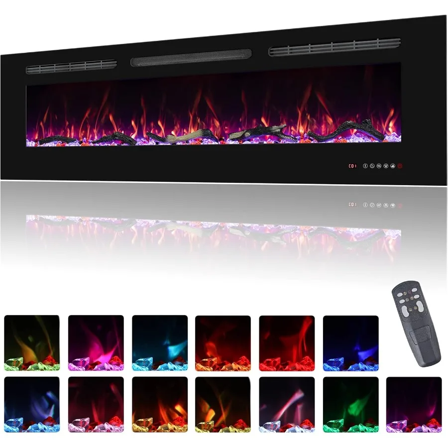 

60 inch wide wall mounted electric fireplace insert with realistic 13 x 13 flame effects low noise operation timer and thermost