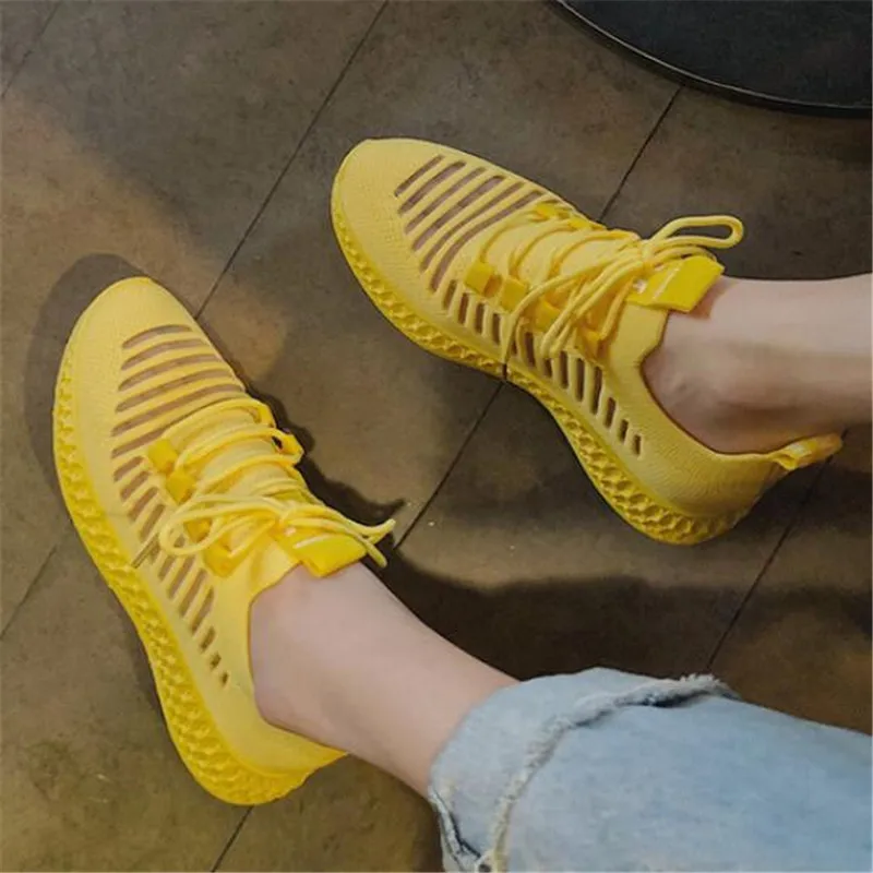 Zapatos informales para mujer, zapatillas planas de malla transpirable con cordones, vulcanizados, color amarillo, 2023