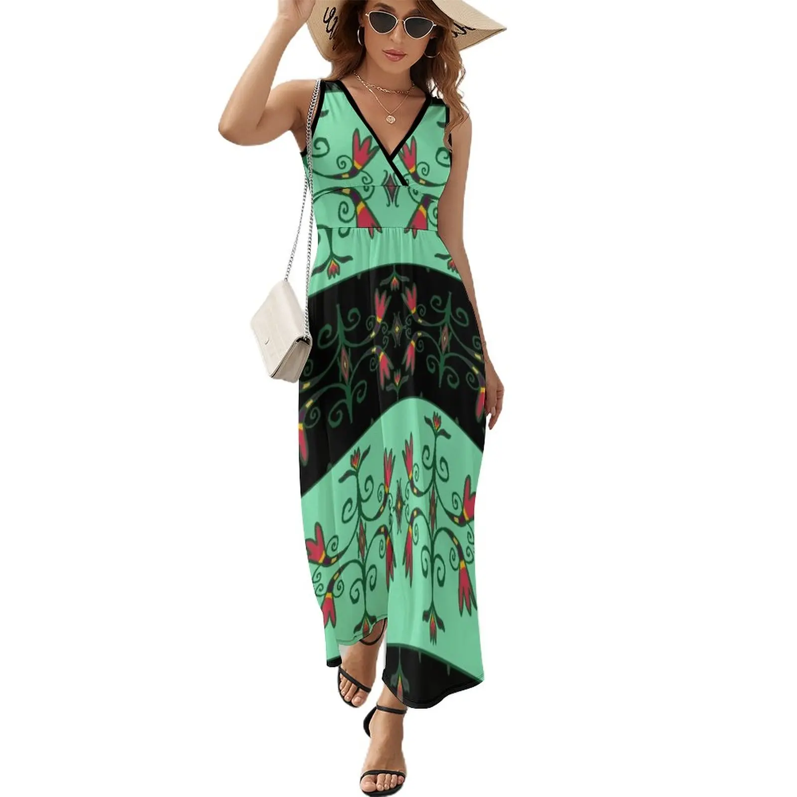 Green Anishinaabe Floral Sleeveless Dress fairy dress dress korean style for girls