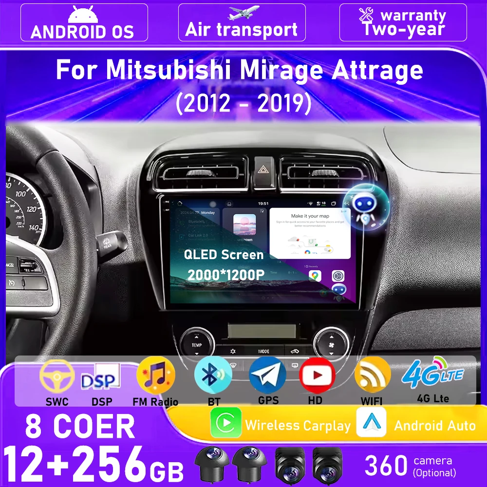 

Android 16 Auto Carplay для Mitsubishi Mirage Attrage 2012-2019 Автомобильный радиоприемник Мультимедийный плеер Навигация GPS 4G WIFI Головное устройство
