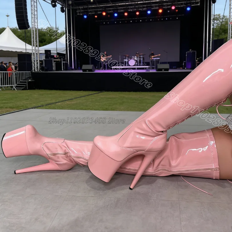 Black Lace up Patent Leather Boots Solid Stiletto Side Zipper Performance for Women Dancing Over Knee Boots Zapatos Para Mujere
