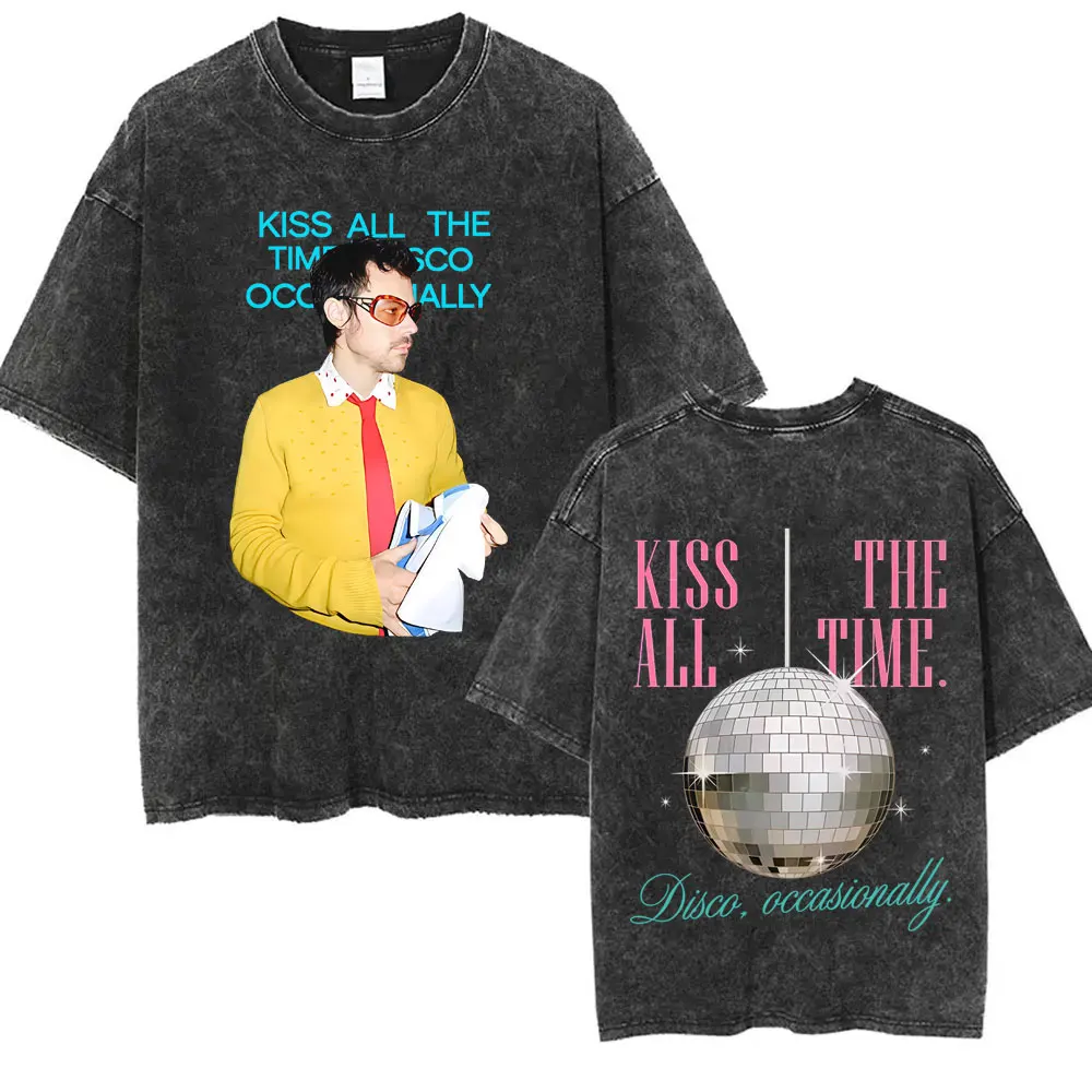 

Kiss All The Time Disco Occasionally Vintage Washed T-shirt Men Women Fashion Hip Hop Oversized Streetwear Men's Casual T Shirts
