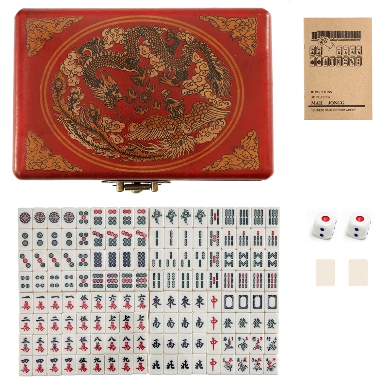 

Portable Vintage Mahjong Rare Chinese 144 Tiles Mah-Jong Set Chinese Numbered Mahjong Set Carving Travel Mahjong with Color Box