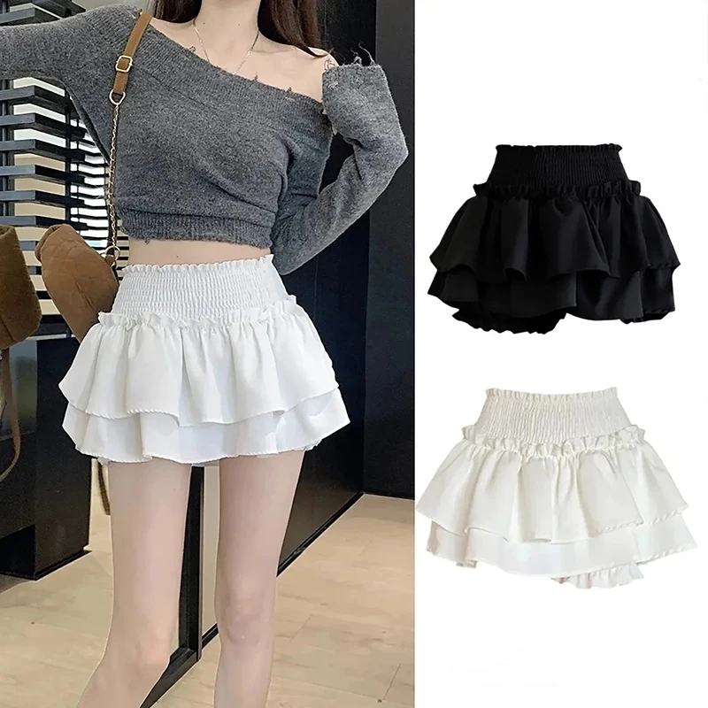 

Kawaii Mini Skirt Shorts Women Cute Summer Sexy Balletcore White Elastic High Waist Ruffle Patchwork Lolita Skirt Korean Skort