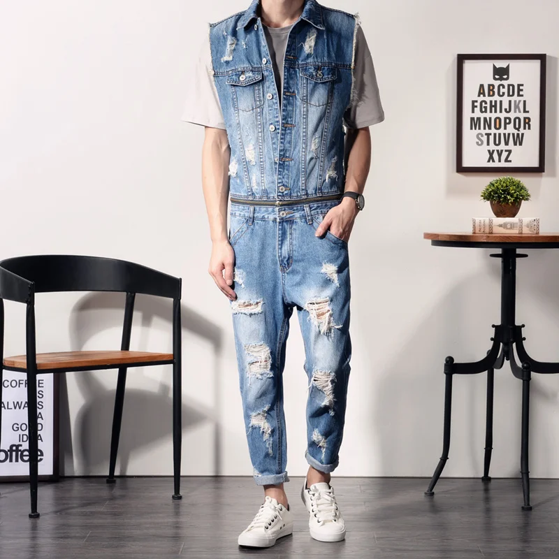 

Летний комплект: синие джинсы и рабочий комбинезон для мужчин, облегающий крой, джинсы длиной 9/10, дышащие, комфортные, из смесового хлопка