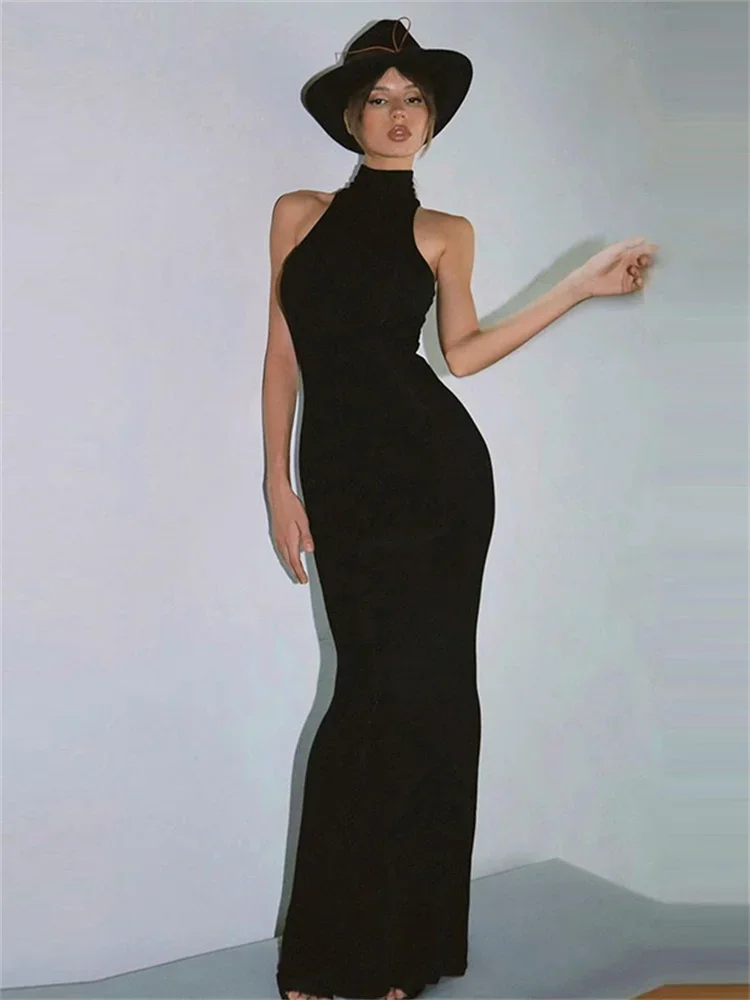 Gaun Maxi Ramping Turtleneck Hitam untuk Wanita Gaun Pesta Elegan Tambal Sulam Musim Panas Ramping Solid Pinggang Tinggi Gaun Panjang Wanita