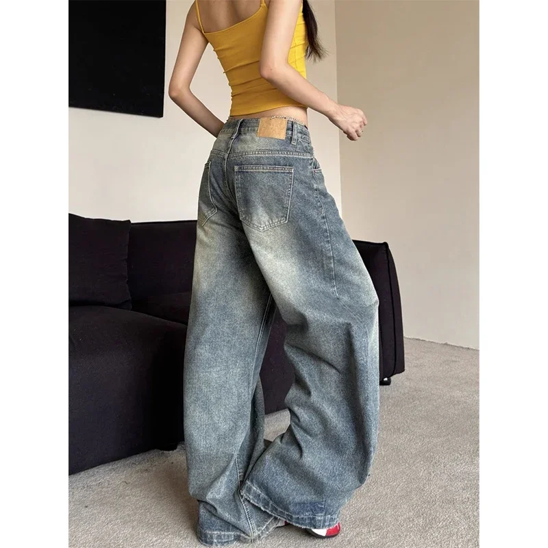 

Autumn Winter Vintage Chicly Button Jeans Women American Simple Baggy High Waisted Denim Pants Washed Y2K Wide Leg Jean Trousers