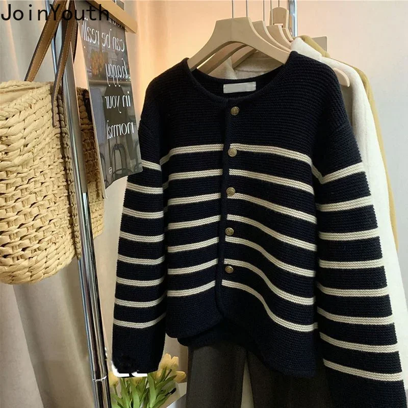 Korean Cardigan Jackets Women Clothing O-neck Loose Thicked Sueter Pull Femme Fashion Striped Casual Vintage Knit Sweater Tops