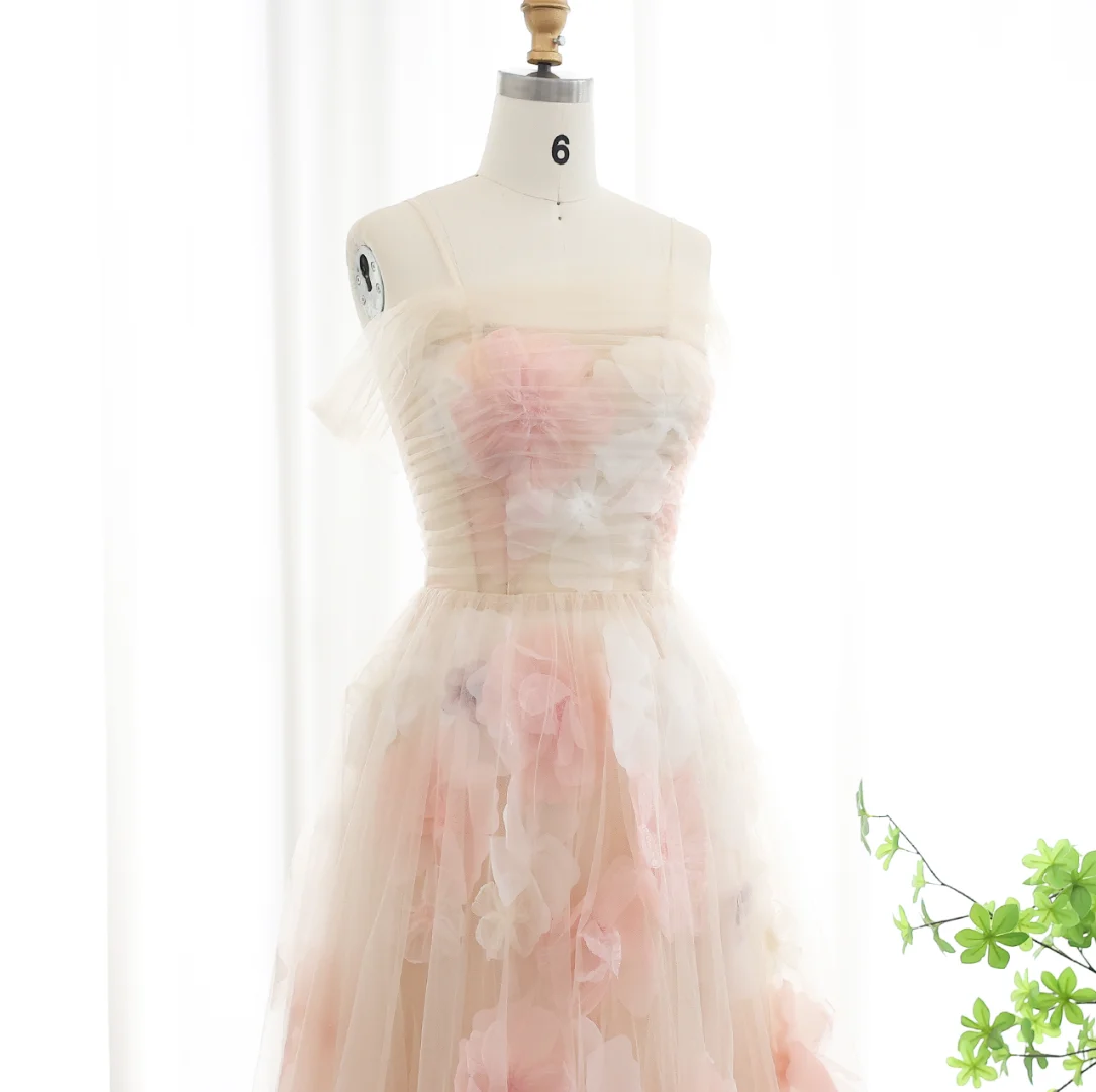 Romantisches schulterfreies Abendkleid, rosa Ballkleider, Schnürung am Rücken, bodenlanges Partykleid mit Perlen und 3D-Blumenmuster