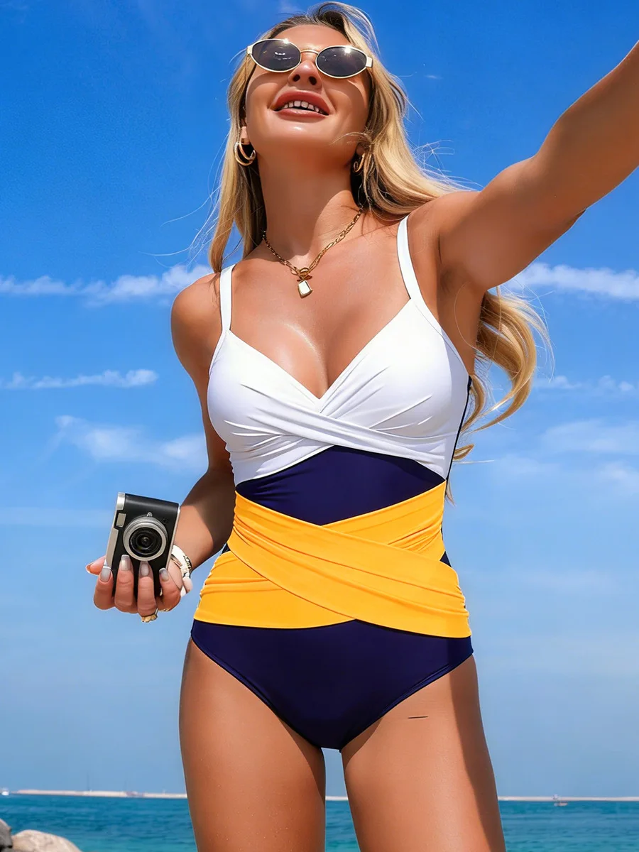 

2026 Women‘s Color Block One Piece Swimsuit Sporty Sexy Bathing Suit One Piece Beach Beachwear Bodysuit Sea Side Wear Holiday