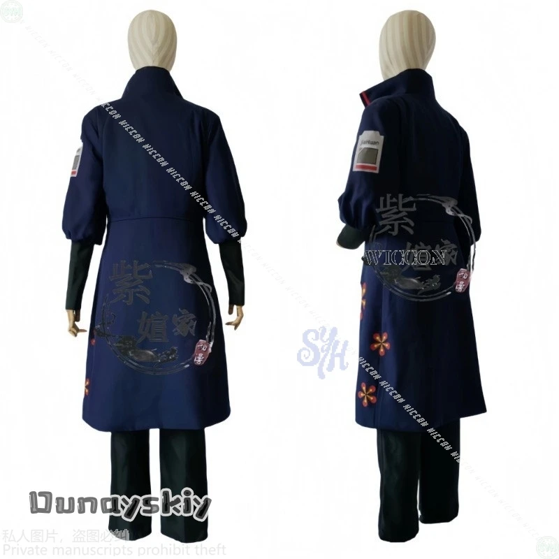 เสื้อโค้ทแฟชั่นพังก์สีน้ำเงินเข้มลายดอกไม้ สำหรับคอสเพลย์ตัวละครเจียฮวน จากอนิเมะเกม Limbus Company {BankaiMode} เหมาะสำหรับงานปาร์ตี้ฮาโลวีนและคริสต์มาส