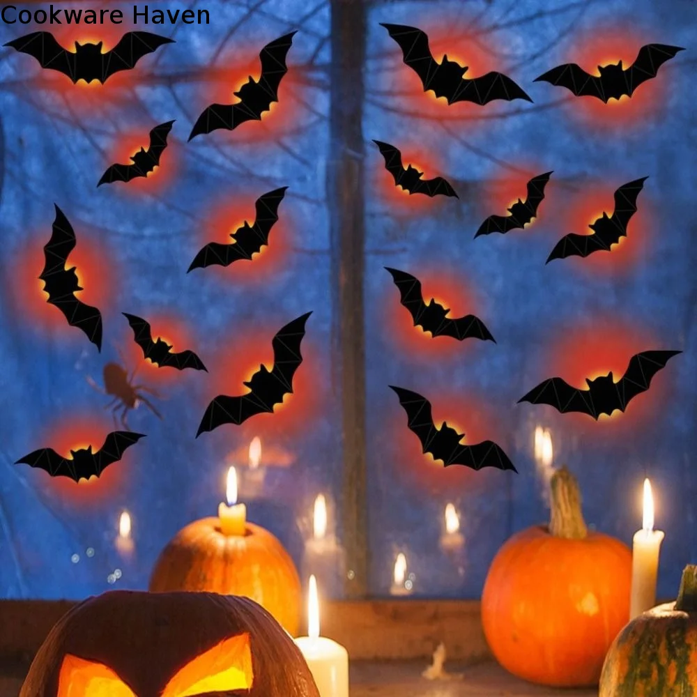16pcs 3D Luminous Bat Wall Sticker Stereoscopic PET Material LED Bat Light Removable Self-Adhesive Halloween Wall Decal