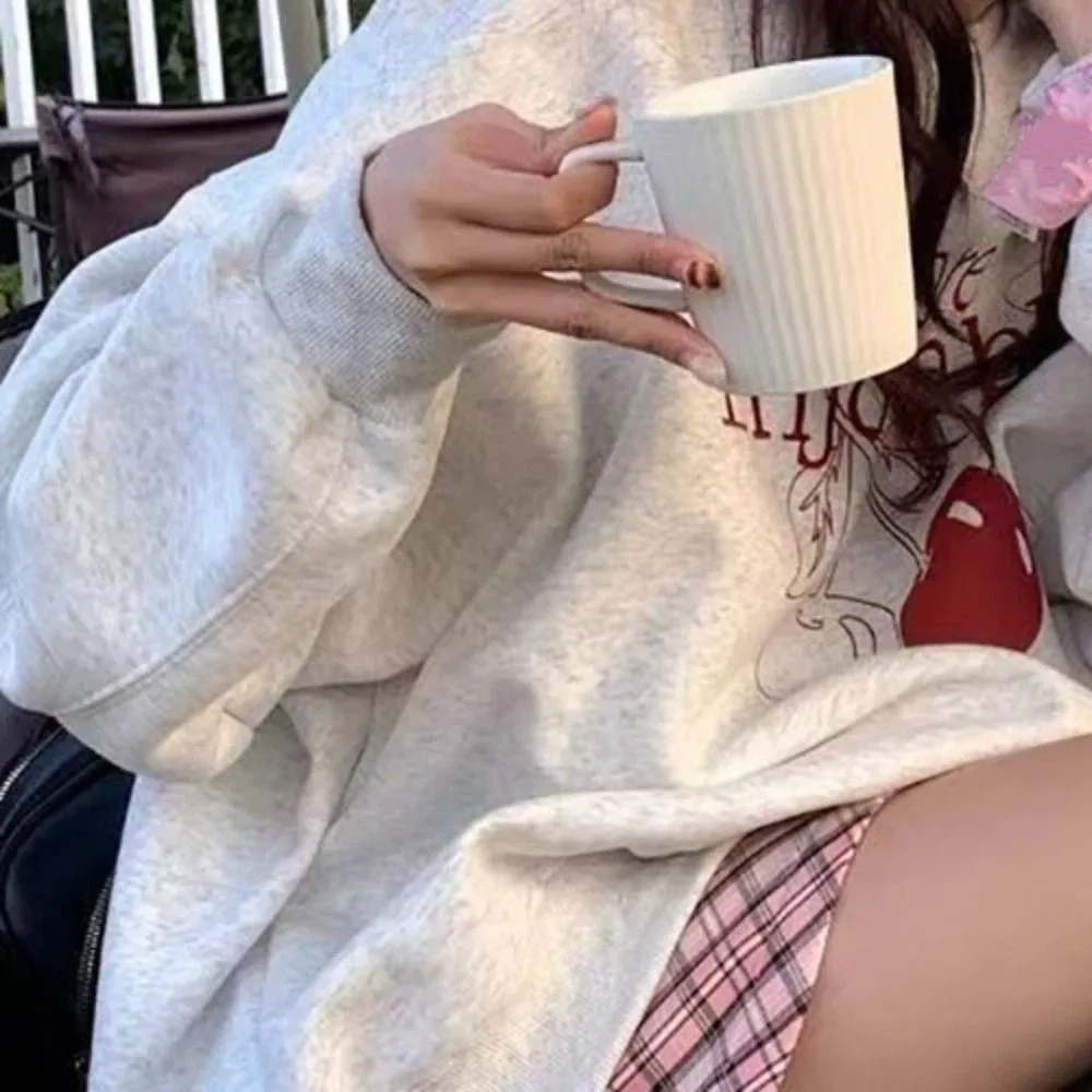 

Simple Printed Long Sleeve Fleece Top Sweet Cherry Loose Autumn Hoodie Top Korean Ins Girls Clothing Sweatshirts for Women Women