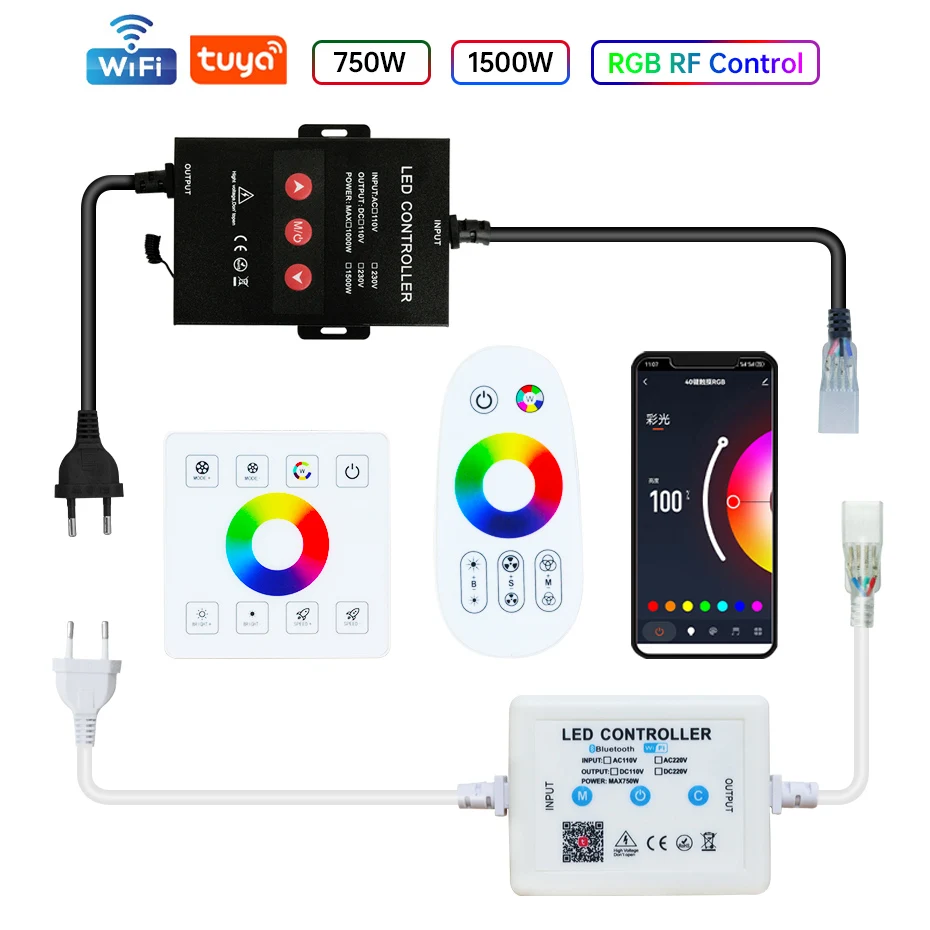 

Контроллер Tuya WiFi RF RGB 220 В 750 Вт-1500 Вт, вилка ЕС/Австралии/Великобритании с сенсорной панелью для 4-контактного SMD2835/5050, светодиодная неоновая лента, пульт дистанционного управления