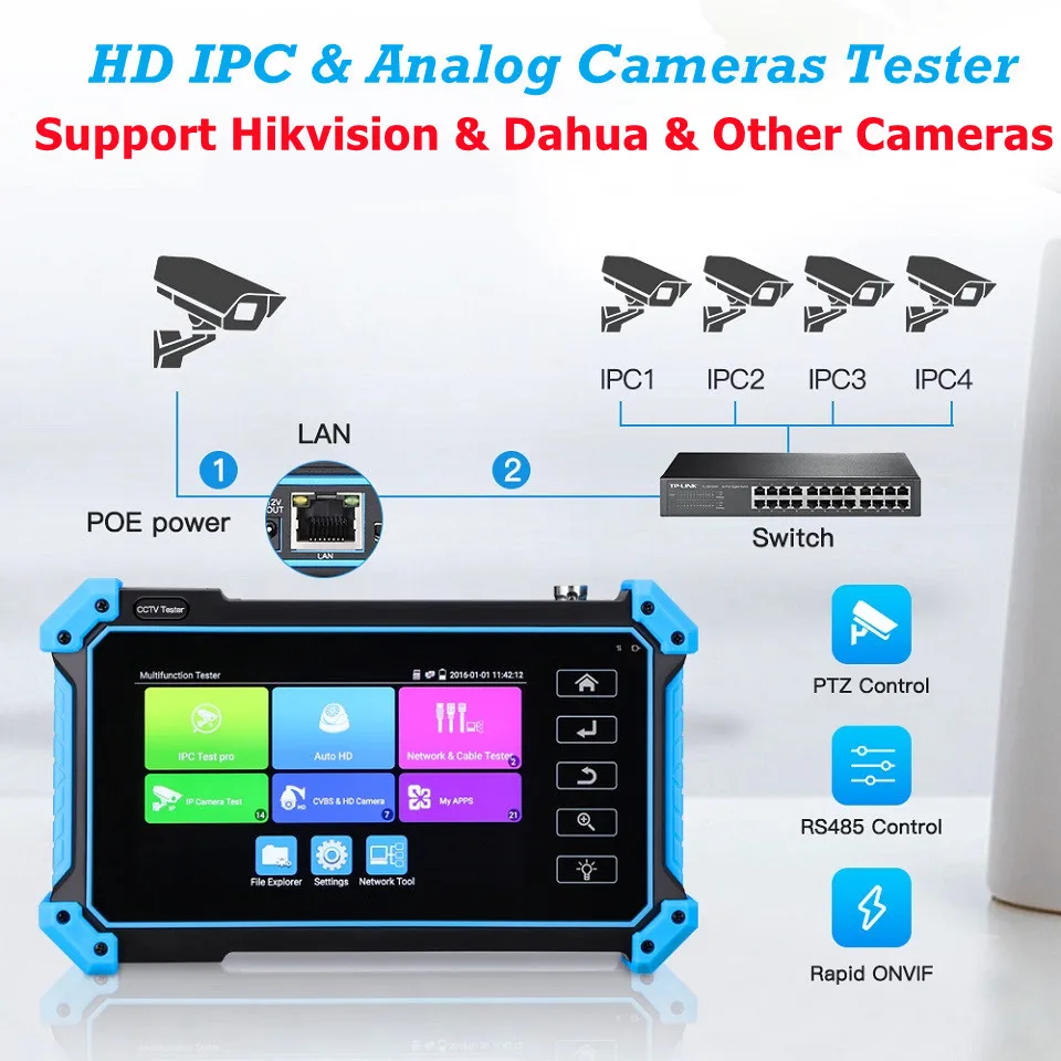 

Tahlitech CCTV IP Camera Tester With VGA HDMI Input 8mp AHD TVI Tester Cable Tracer PoE IPC Test Power Output UTP Cable Tracker