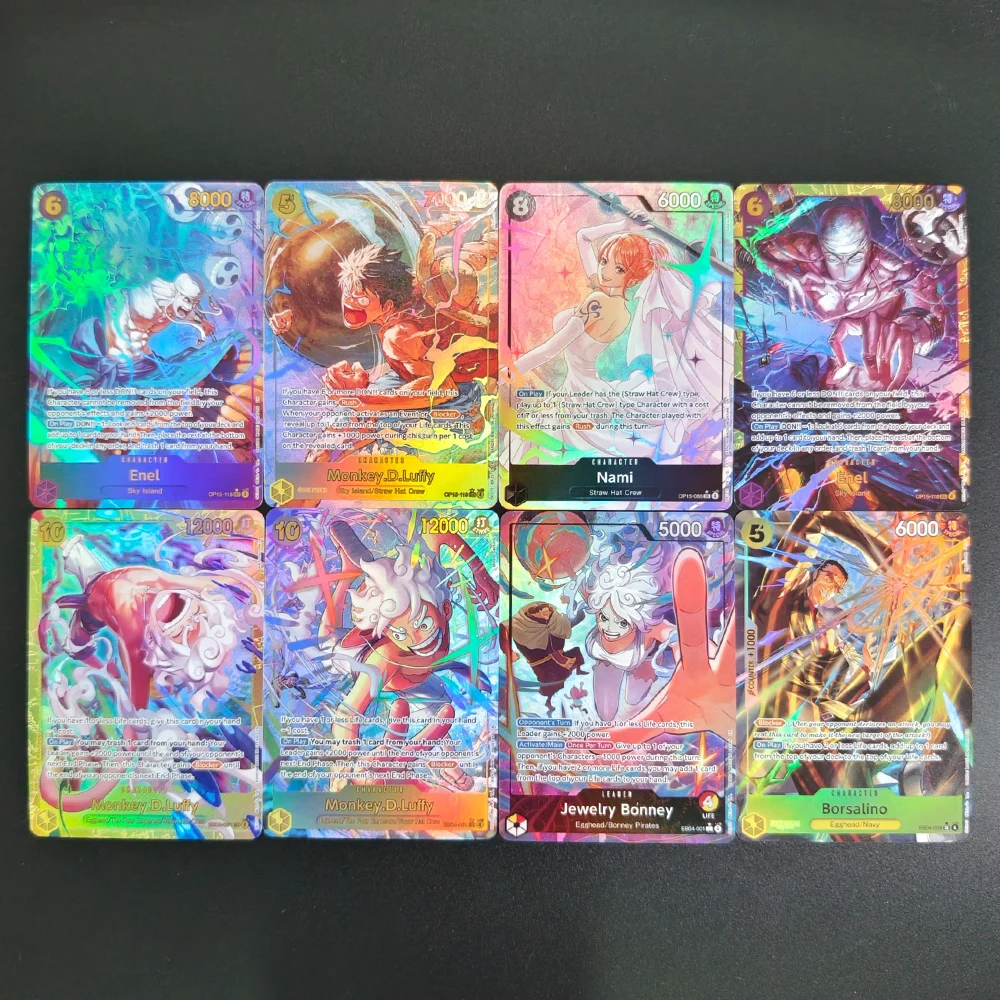 

One Piece TCG 8Pcs OP15 DIY Textured Holo Cards 2024 EN Enel Luffy Nami Jewelry Bonney Borsalino Collectible Trading Card Game