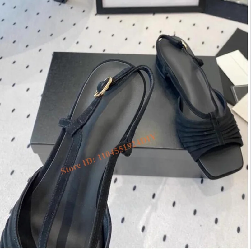 

Black Ruffle High Heel Sandals Buckle Strap Women 4Cm Chunky Heeled Hollow Out Summer Party Shoes
